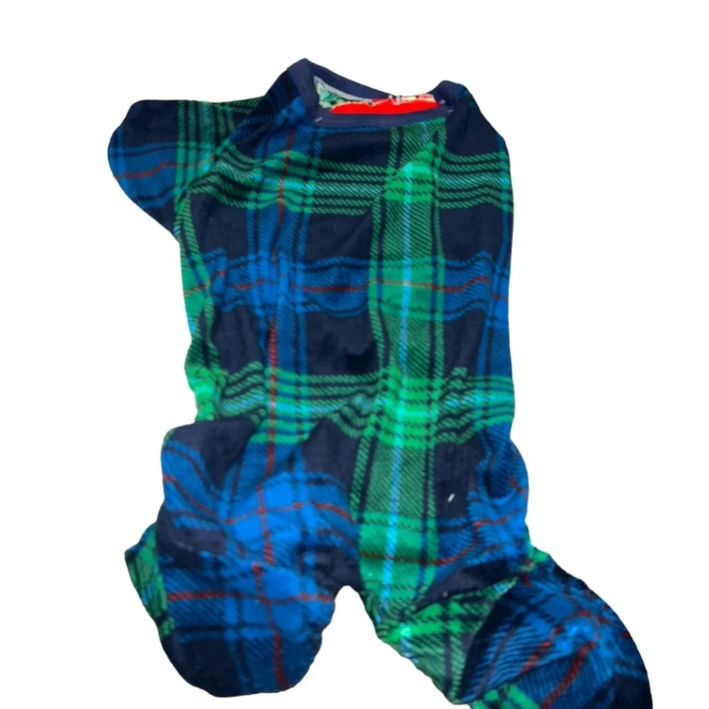 New Wondershop christmas blue green tartan Plaid Fleece Dog and Cat Pajamas M
